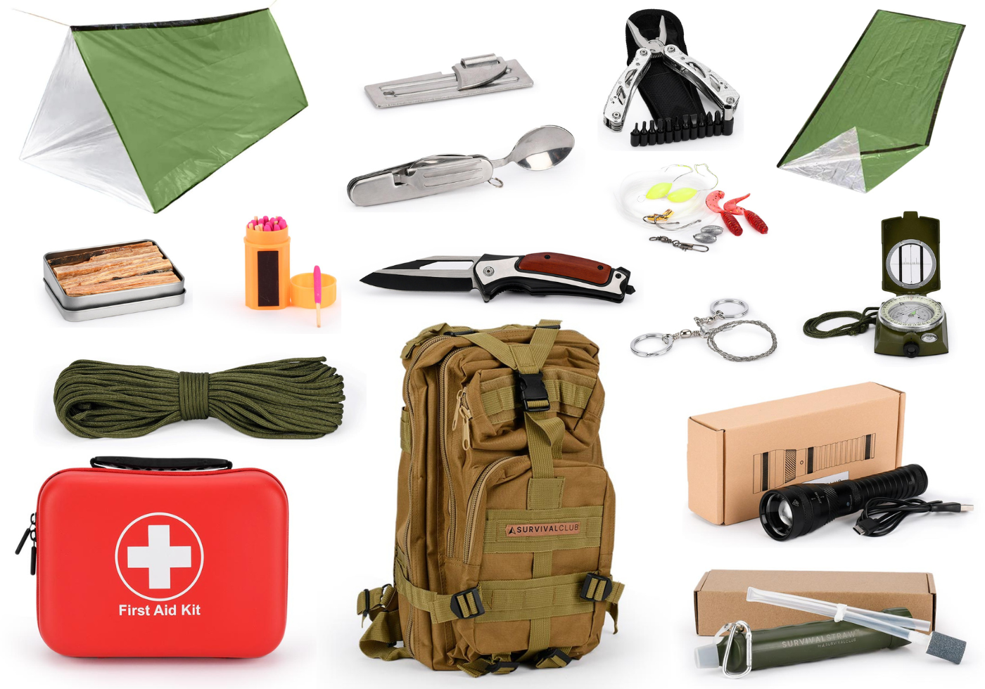  Essential survival kits in Australia featuring a first aid kit, survival backpack, multi-tool, compass, flashlight, paracord, fire starter, and other crucial gear for outdoor survival.